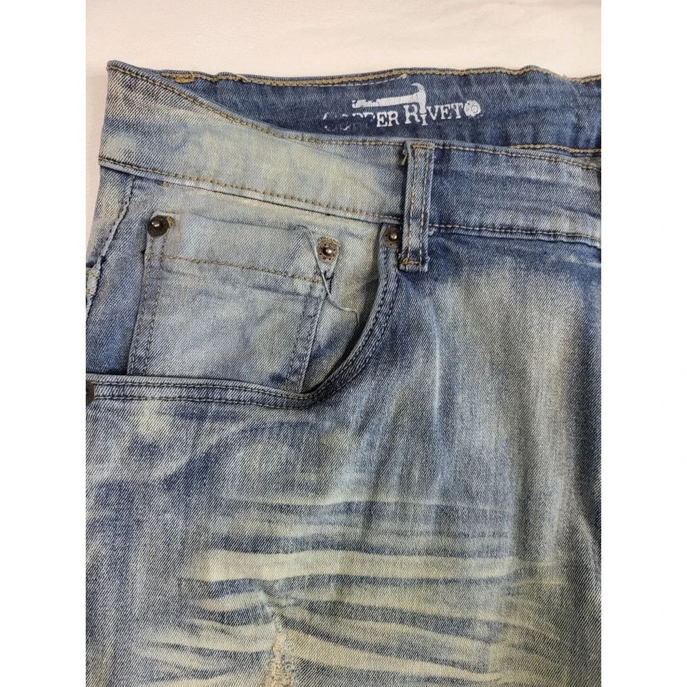 Copper Rivet Mens Slim Fit Distressed Light Wash Blue Moto Denim Jeans 38x32